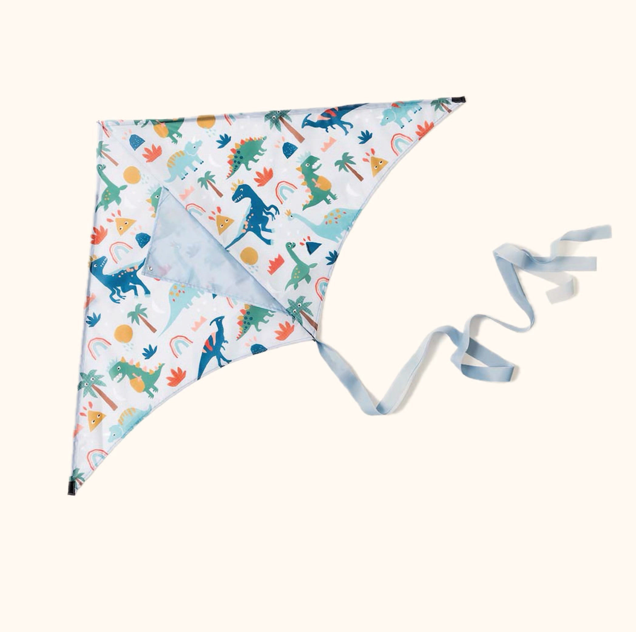 Dinosaur kite with a blue background, a long tail, and a wooden handle.